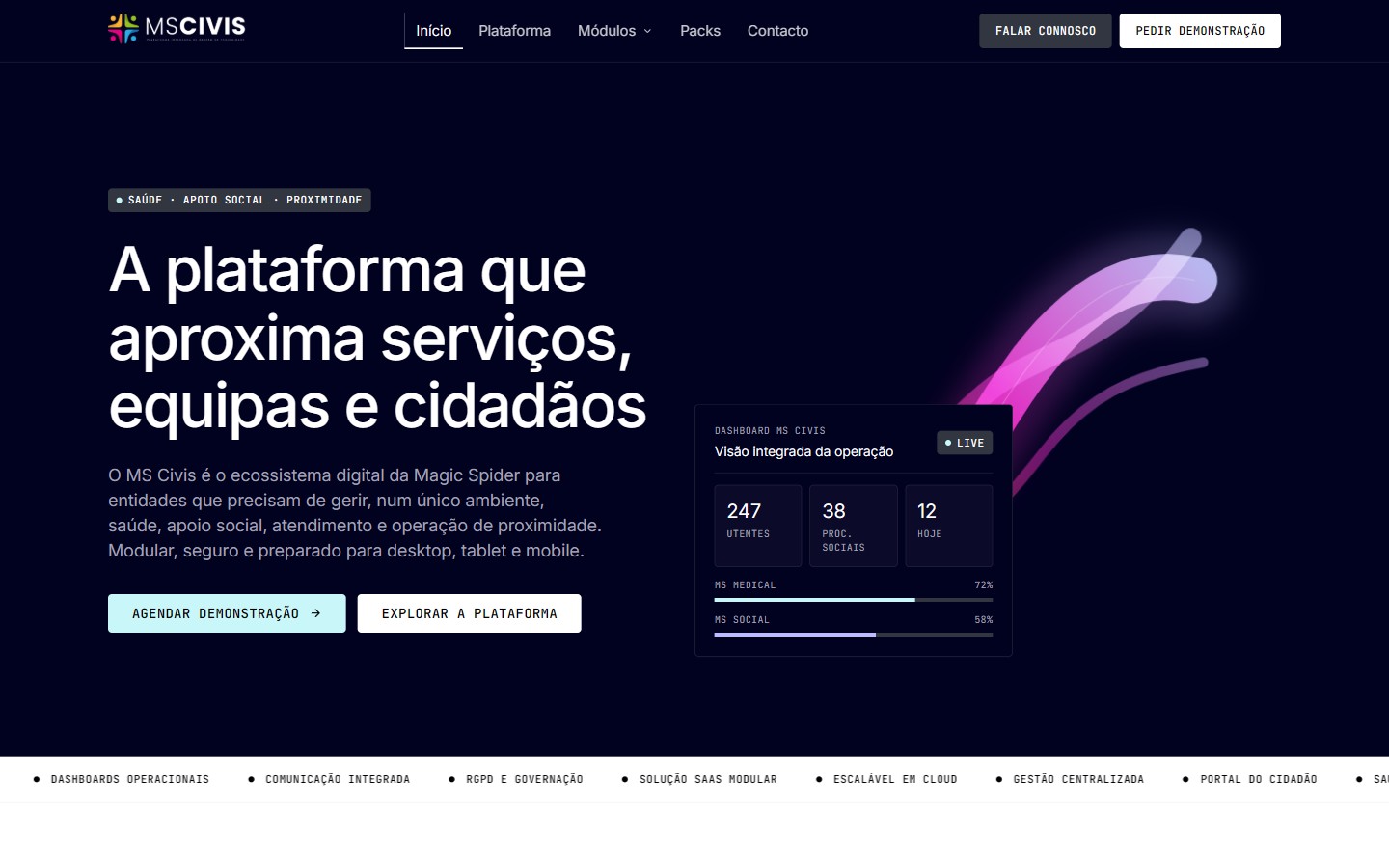 Página de inicio de la plataforma MS Civis