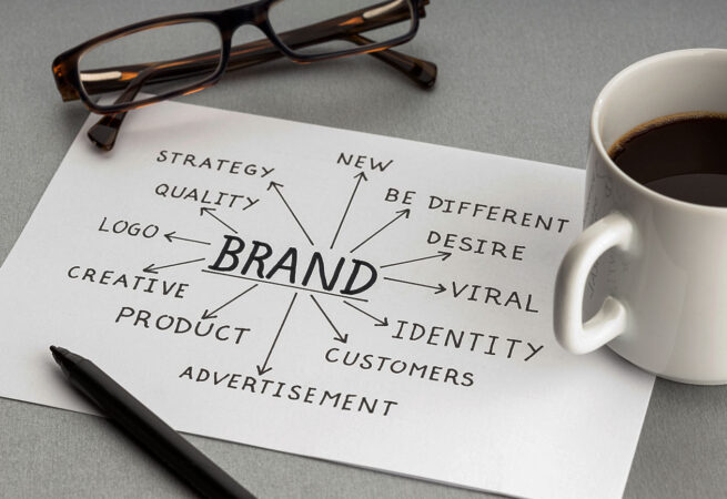 Brand building process concept. Paper sheet with quality ideas or plan, cup of coffee and eyeglasses on desk